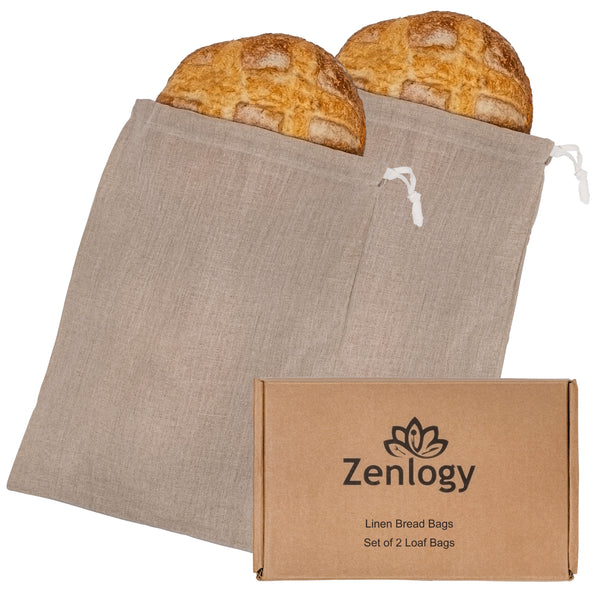 Reusable Linen Loaf Bags - 100% Linen - Set of 2 - Washable Bread Bags (12 x 16 inches) Artisan Bread, Fresh Produce Drawstring Storage Bags