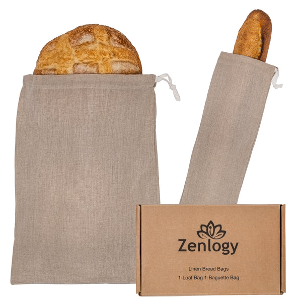 Reusable Linen Bread Bags - 100% Linen Washable - Combo Set of 2 - Loaf Bag  (12 x 16 inches) and Baguette Bag (20 x 6 inches) Artisan Bread, Fresh Produce Drawstring Storage Bags